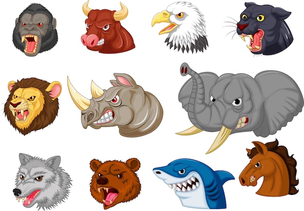 Vector cartoon angry animals head collection set