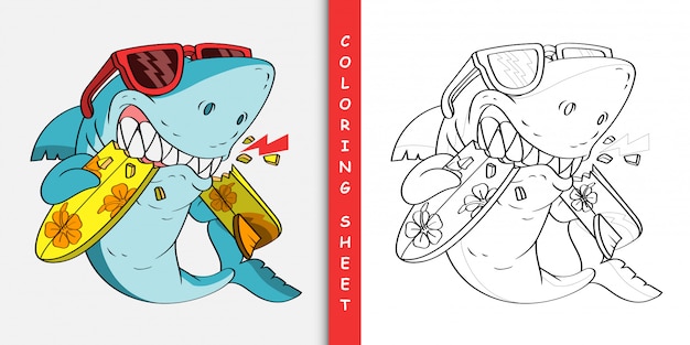 Cartoon angry shark bite a surfboard, coloring sheet