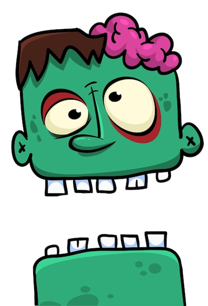 Cartoon angry zombie head Halloween vector illustration of funny zombie moaning with wide open mouth full of teeth
