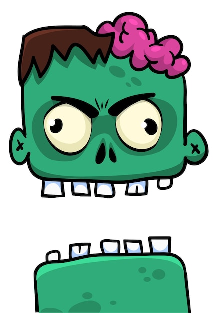 Cartoon angry zombie head Halloween vector illustration of funny zombie moaning with wide open mouth full of teeth