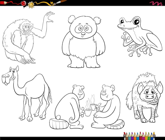 Cartoon animal characters set coloring book page