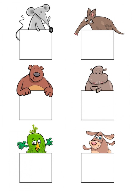 Cartoon animal characters with cards set