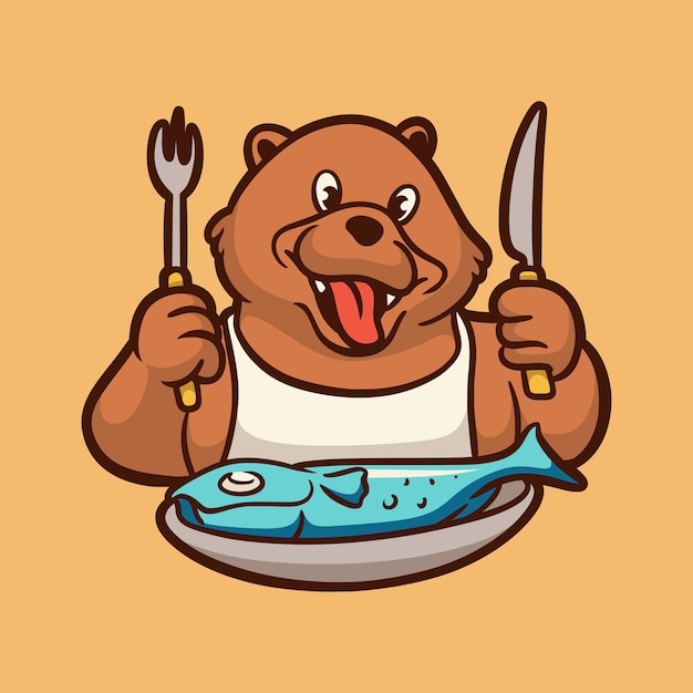 Vector cartoon animal design bear getting ready to eat fish cute mascot logo