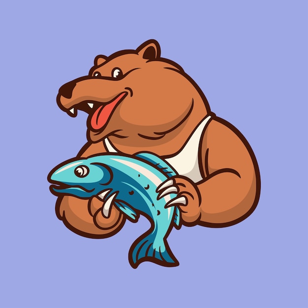 Cartoon animal design bear holding fish cute mascot  