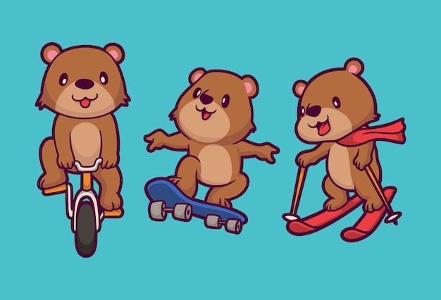 Cartoon animal design orso in sella a bicicletta, skateboard e snow surf illustrazione carina mascotte
