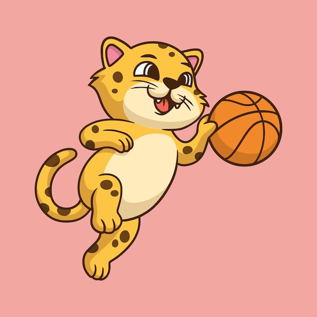 漫画の動物のデザインのヒョウがバスケットボールをするかわいいマスコットのロゴ