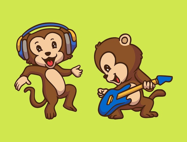 音楽を聴き ギターを弾く漫画動物デザイン猿かわいいマスコットイラスト プレミアムベクター