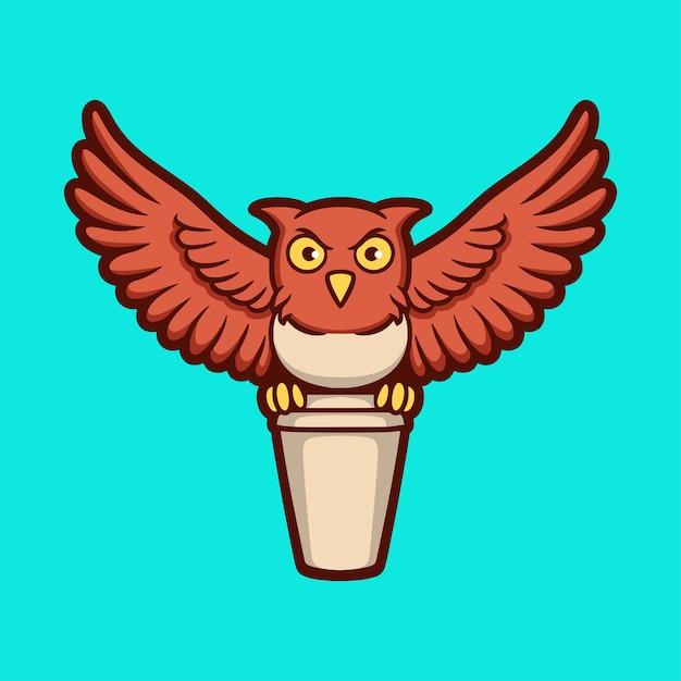 Мультяшная сова с дизайном животных приносит чашку напитка с милым логотипом талисмана