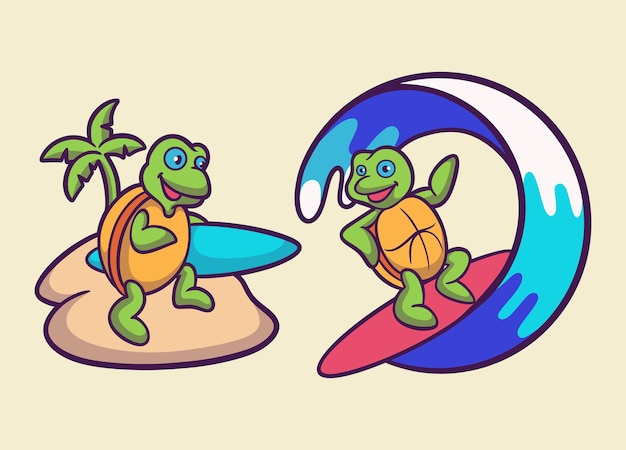 만화 동물 디자인 거북이는 서핑 보드와 서핑 거북이를 가져옵니다 귀여운 마스코트 로고