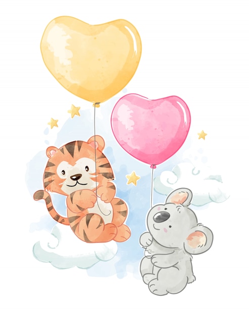 Cartoon animal friends with balloons illustration