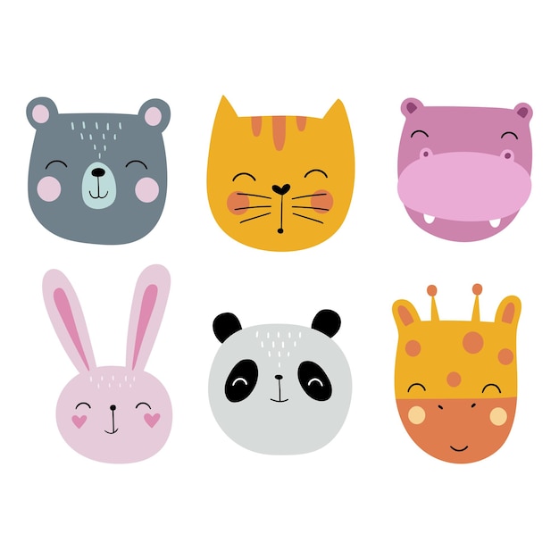 Cartoon animal heads Cartoon character of hare bear cat panda giraffe hippo