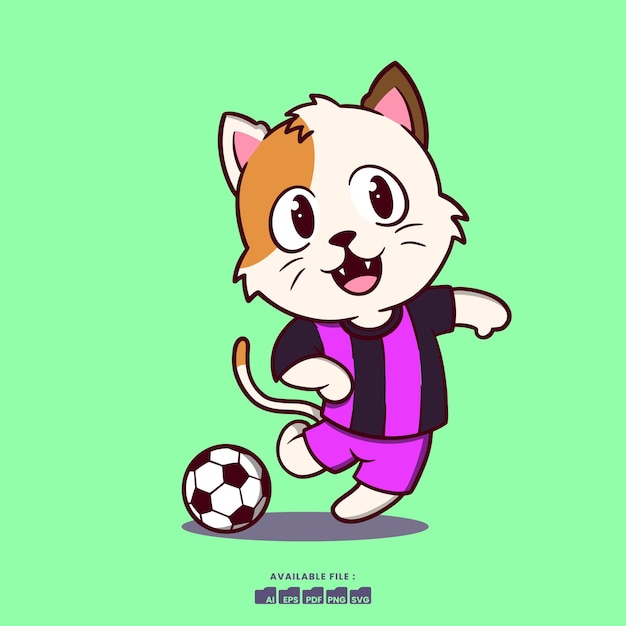 Cartoon animal outdoor activity cute mascot logo illustration - Cat Kitten playing soccer