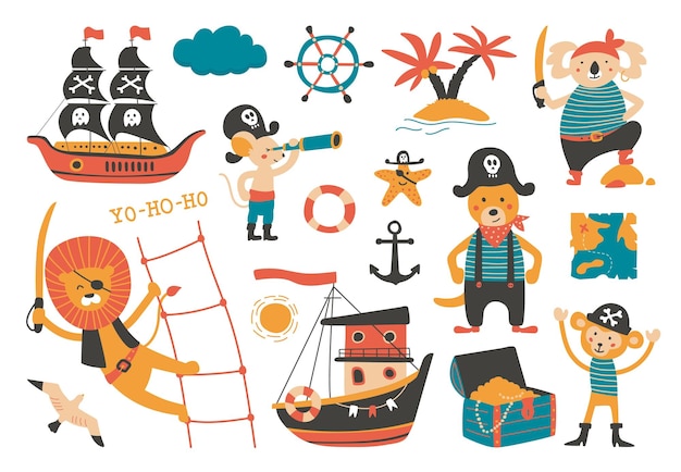 Pirati animali dei cartoni animati avventure oceaniche elementi marini bambini carini veliero pirata e gabbiano leone koala scimmia marinaio con tesoro collezione vettoriale di classe di illustrazione di topo e leone