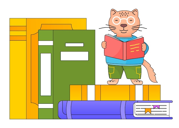 Cartoon animal schoolboy illustration smart cat in glasses with a book in his hands is reading