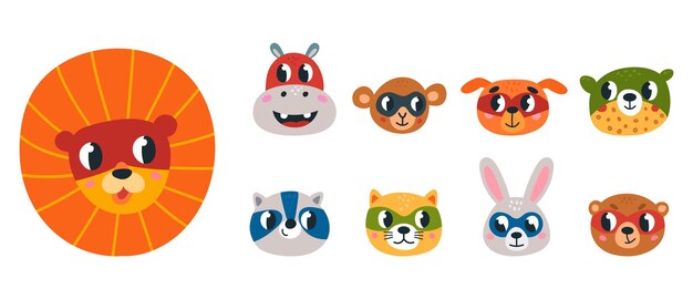 Vector cartoon animal superhero cute faces heroes bear monkey raccoon and dog in masks children stickers wild animals avatars vector set