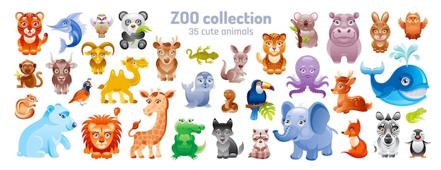 Vettore animale del fumetto zoo per bambini vettoriali set per bambini carino giungla mare e bosco illustrazione clipart safari icone piatte personaggi dello zoo ghepardo elefante africano foresta orso bufalo uccello icona gioco selvaggio