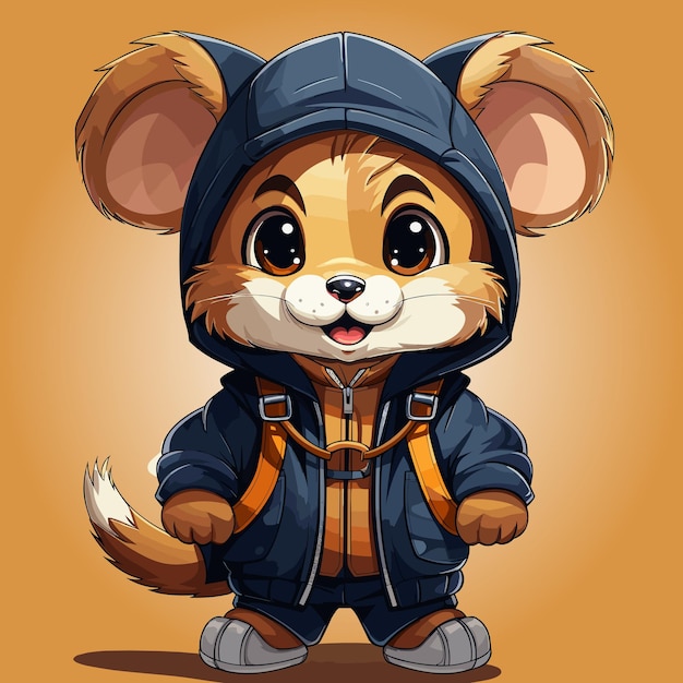 Cartoon animal with hoodie on and backpack around its neck