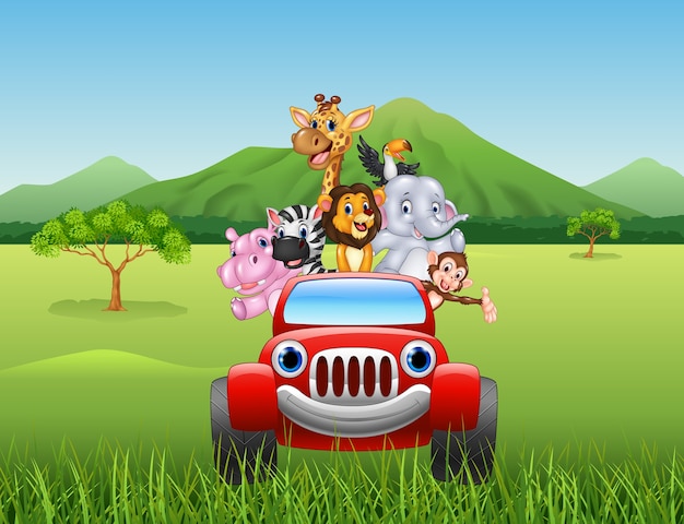 Cartoon animals africa in the red car