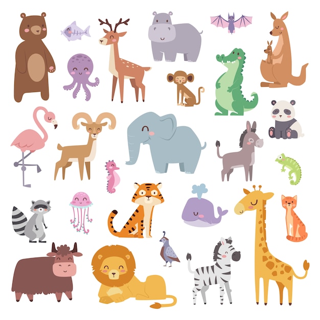 Vector cartoon animals character and wild cartoon cute animals collections