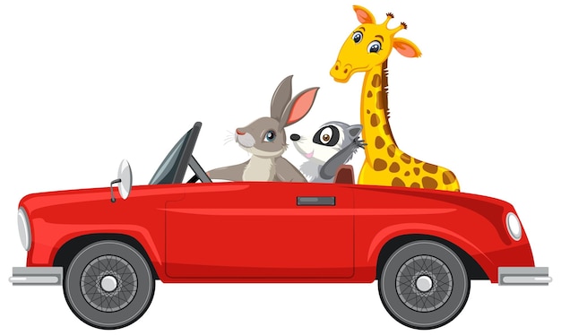 Cartoon animals in classic car on white background