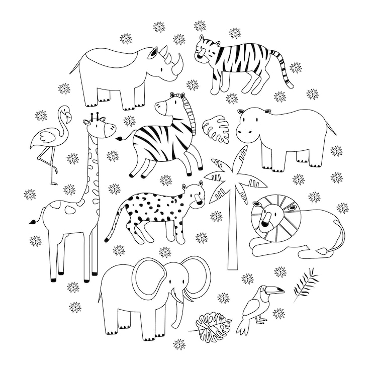 Vector cartoon animals creatures set african black and white graphic vector illustration in the line style circle background eps