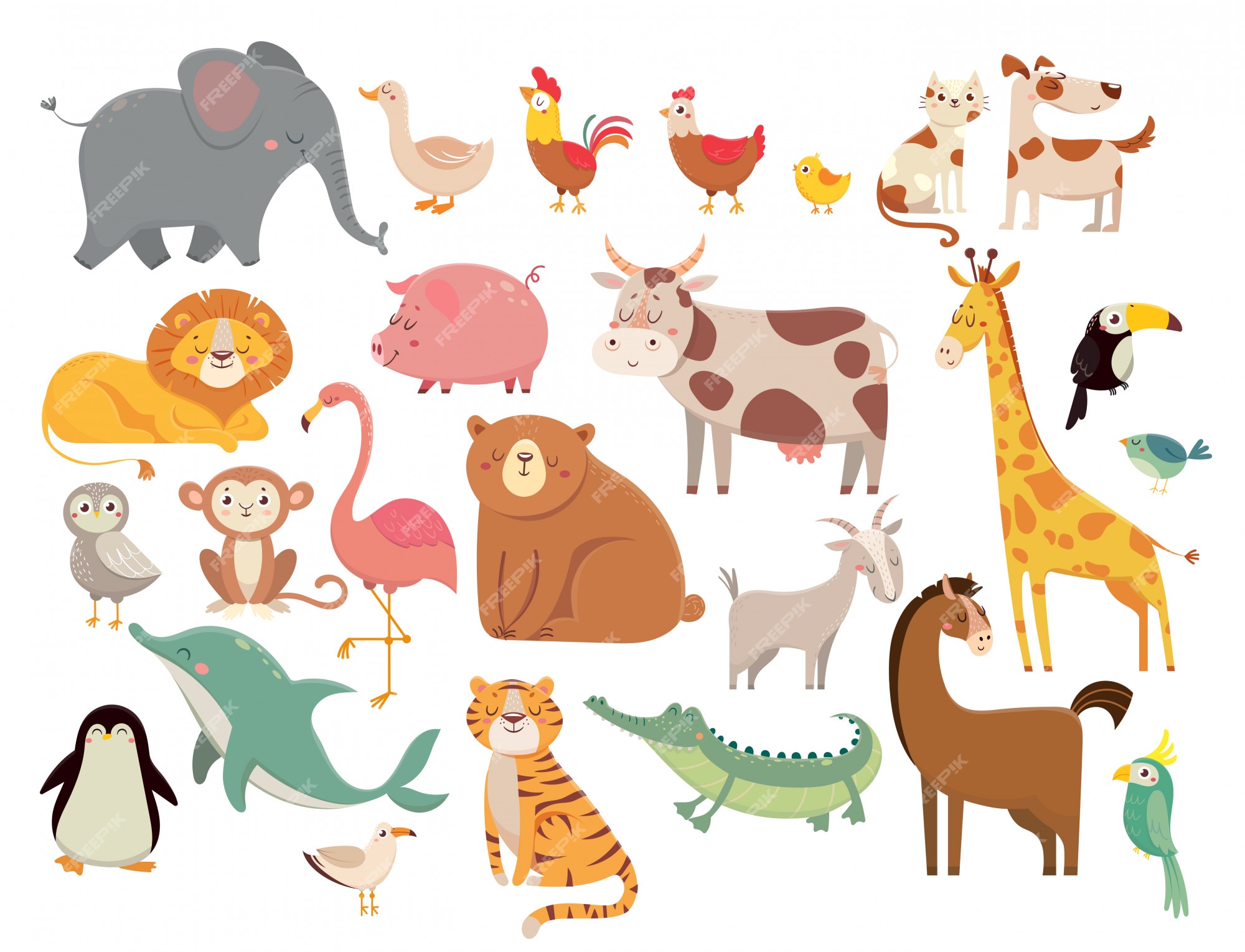 Premium Vector | Cartoon animals. cute elephant and lion, giraffe and  crocodile, cow and chicken, dog and cat set