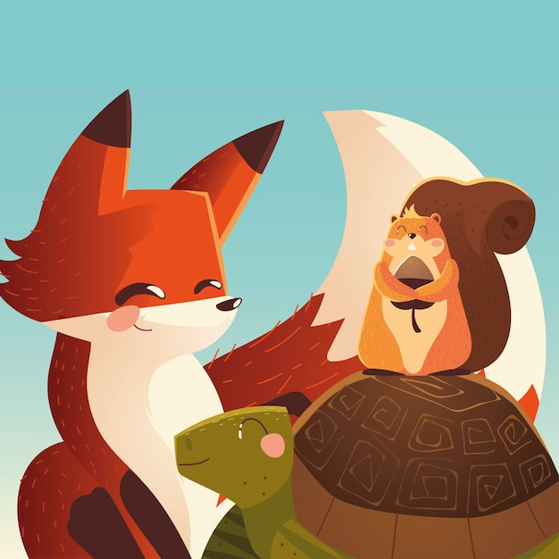 Cartoon animals cute fox turtle with squirrel wildlife  illustration