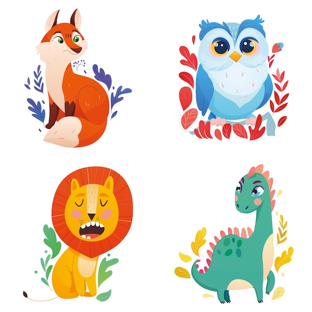 cartoon animals lion fox dinosaur owl on white
