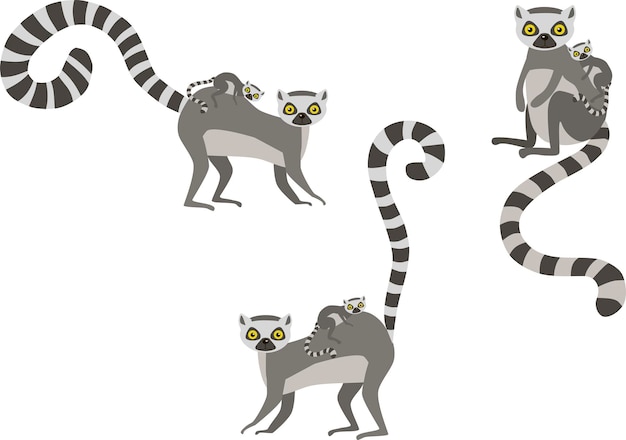 Vector cartoon animals. mother lemur stands with her little cute baby. set vector illustration