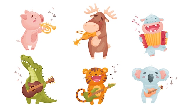 Vector cartoon animals playing musical instruments with crocodile playing guitar vector set