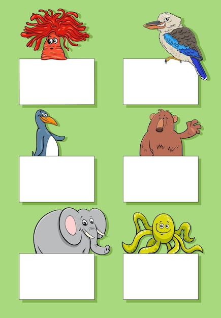 Cartoon animals with cards or banners design set