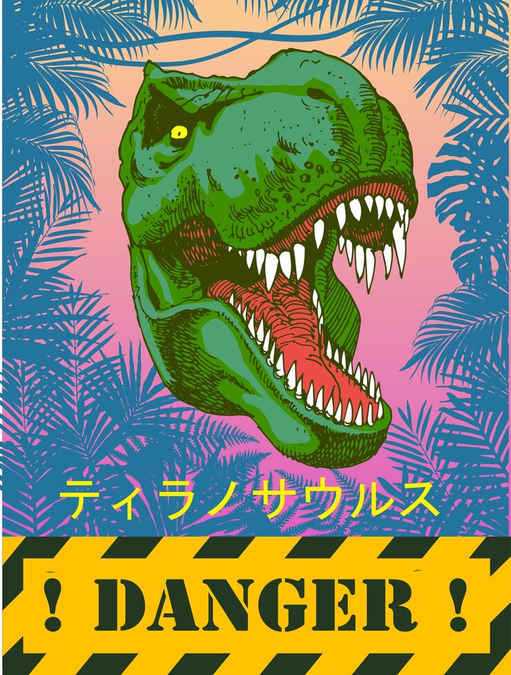 cartoon anime-stijl krabbel met hiërogliefen in het Japans vertaalt als tyrannosaurus