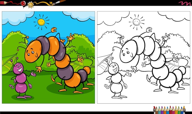 Cartoon ant and caterpillar insects coloring book page