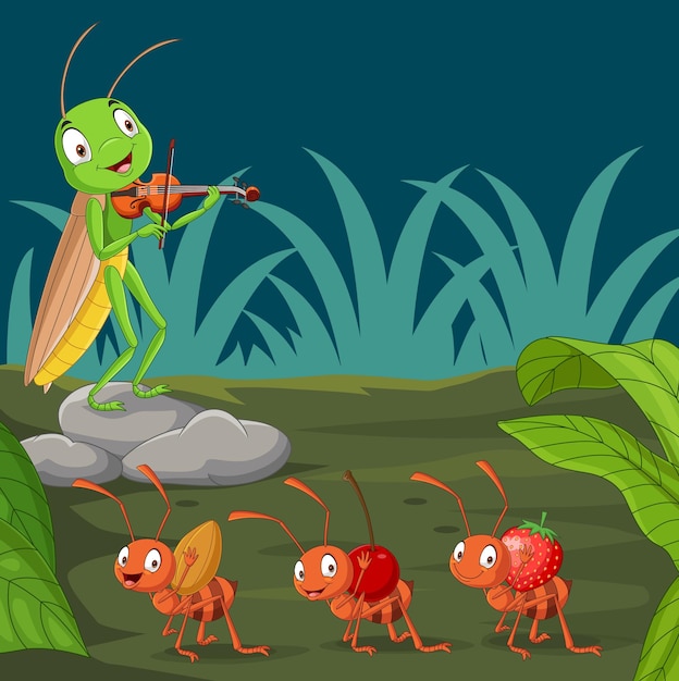 Vector cartoon ant and grasshopper in the garden