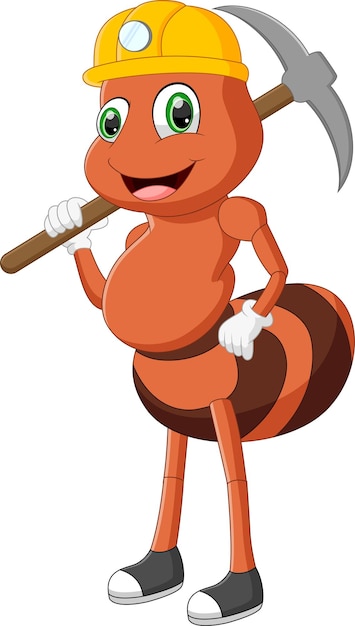 Vector cartoon ant worker holding pickaxe