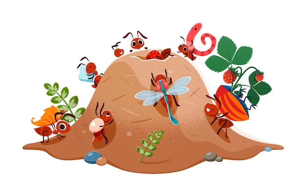 Vector cartoon anthill colony and ants characters vector