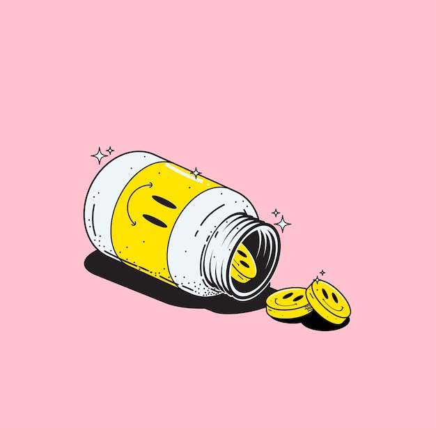 Cartoon antidepressiva of vitaminen pillen fles met gele glimlachte gezicht tabletten
