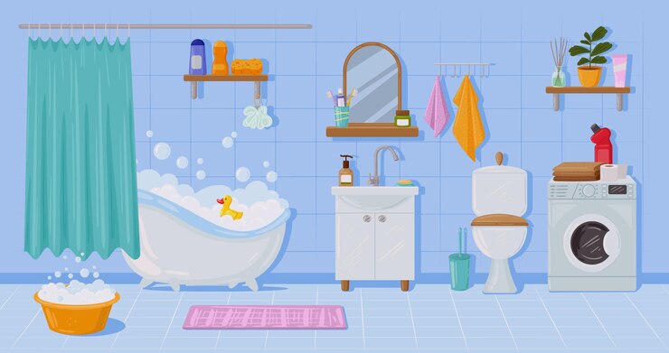 Vector cartoon apartment bathroom interior, bathtub and sink. toilet, washing machine, mirror, bathroom interior elements vector illustration. modern house washroom