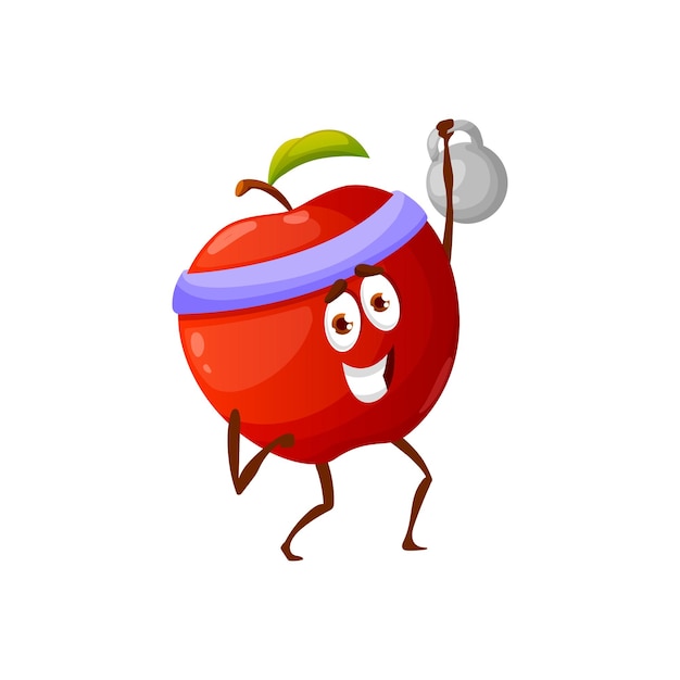 Cartoon apple on fitness with dumbbell isolated happy character in sport band vector comic active fruit on trainings with heavy barbell in hand healthy apple active way of life hobby sport activity