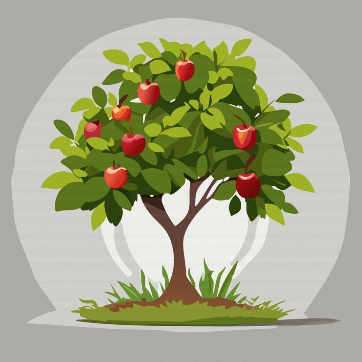 Vector cartoon apple tree with leaves and fruits