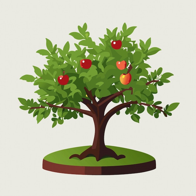 Cartoon apple tree with leaves and fruits