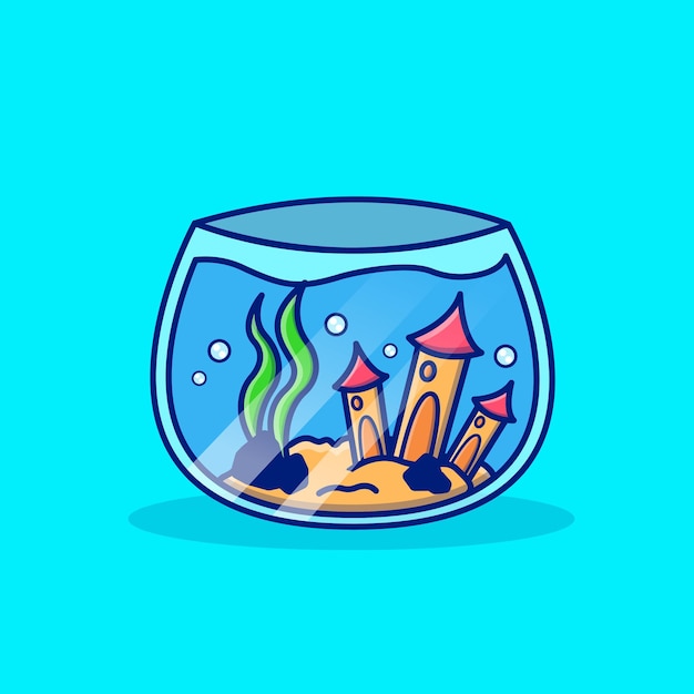 Cartoon aquarium met huizen en algen Aquarium geïsoleerde vector Platte cartoon stijl