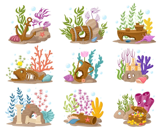 Cartoon aquariumdecoraties, zeewier, koraal en stenen. onderwater aquarium accessoire composities vector illustratie set. aquaria decoratie-elementen