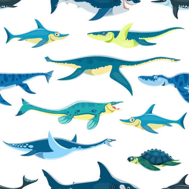 Cartoon aquatic dinosaur characters seamless pattern Wrapping paper fabric print vector pattern with Ophthalmosaurus Kronosaurus Plesiosaurus and Tylosaurus Liopleurodon Elasmosaurus dinosaurs