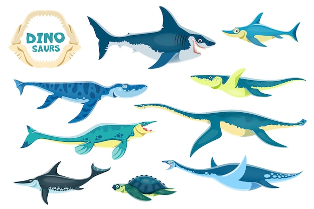 Cartoon aquatic dinosaurs cute characters Megalodon Ophthalmosaurus Liopleurodon Kronosaurus and Tylosaurus Plesiosaurus Ichthyosaur and Archelon Elasmosaurus marine dinosaur vector personages