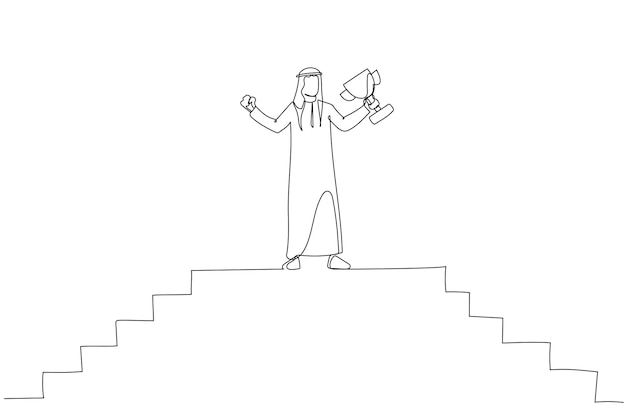 Cartoon of arab businessman break the chain and get the trophy prize Single continuous line art