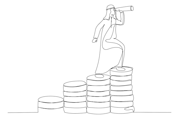 Cartoon of arab businessman leader on raising money stack using telescope or spyglass looking forward for business opportunity Continuous line art style