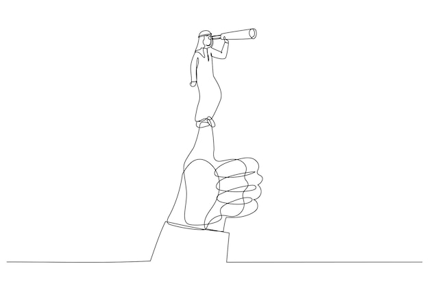 Cartoon of arab businessman standing on giant thumb using telescope to look into the distance single continuous line art style