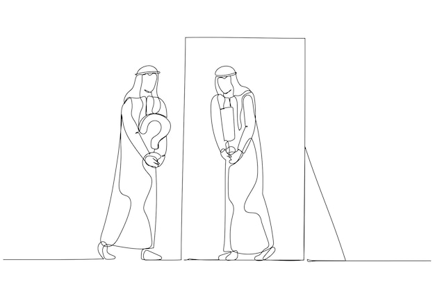 Cartoon of arab man asking self and get answer after contemplating Continuous line art