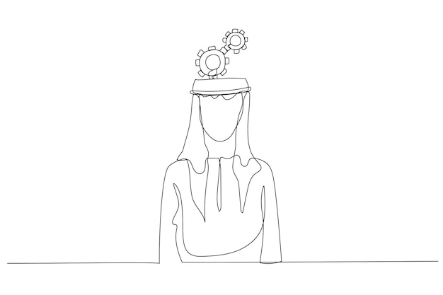 Cartone animato della testa dell'uomo arabo ottenere il concetto di ruota dentata dell'ingranaggio dell'intelligenza umana stile artistico a linea singola